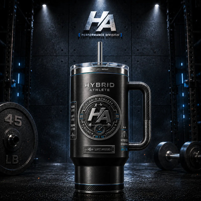 Hybrid Athlete - Monochrome Badge Composition on a Tumbler